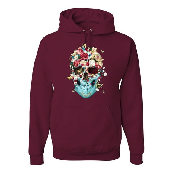 Trippy Nature Insects Dandellion Skull Fashion Graphic Hoodie Sweatshirt, Maroon, 3XL