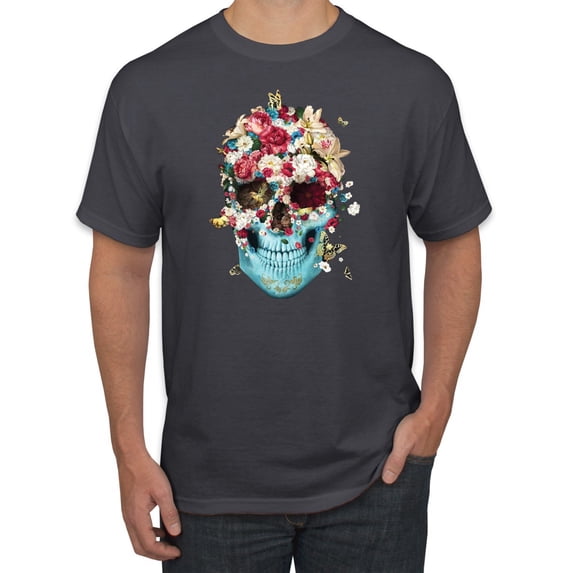 Trippy Nature Insects Dandellion Skull Fashion Graphic T-Shirt, Charcoal, 2XL