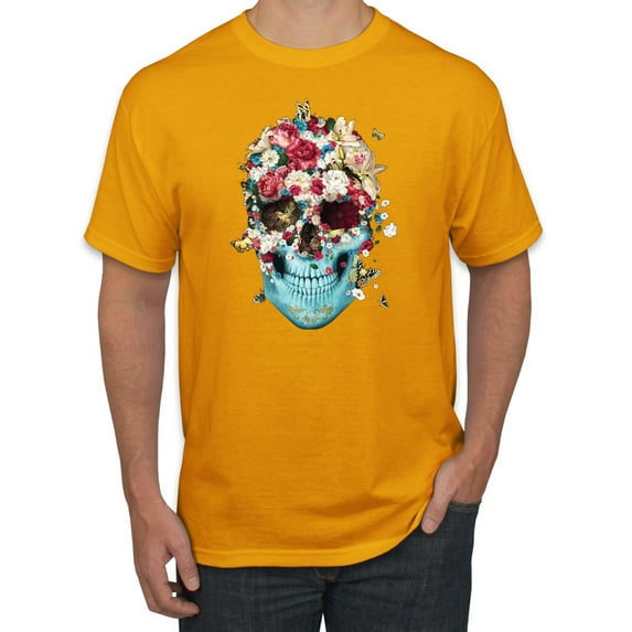 Trippy Nature Insects Dandellion Skull Fashion Graphic T-Shirt, Gold, Large