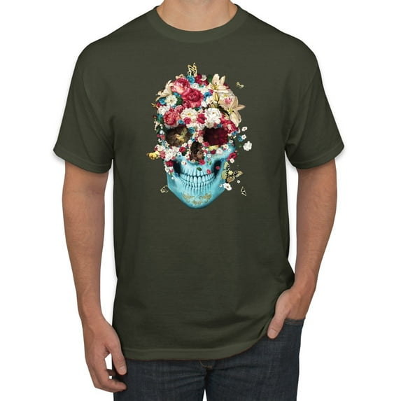Trippy Nature Insects Dandellion Skull Fashion Graphic T-Shirt, Military Green, 5XL