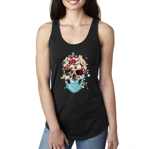 Trippy Nature Insects Dandellion Skull Fashion Ladies Racerback Tank Top, Black, Small