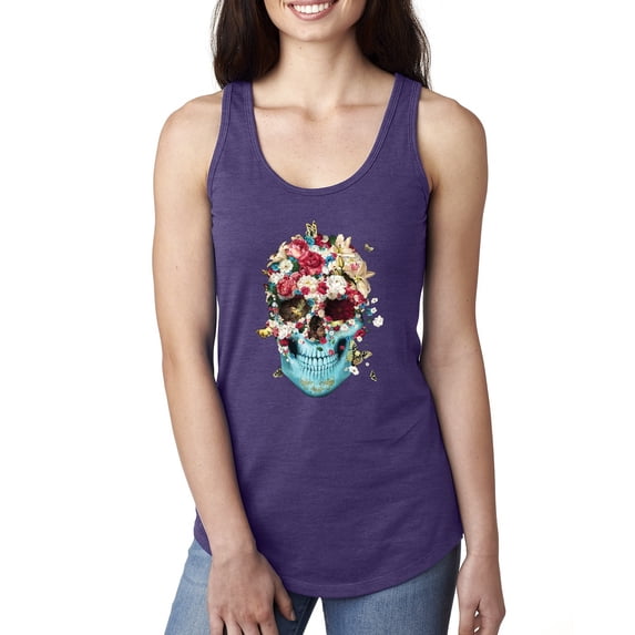 Trippy Nature Insects Dandellion Skull Fashion Ladies Racerback Tank Top, Purple Rush, Large