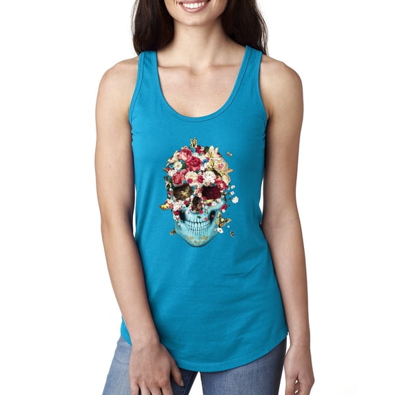 Trippy Nature Insects Dandellion Skull Fashion Ladies Racerback Tank Top, Turquoise, Large