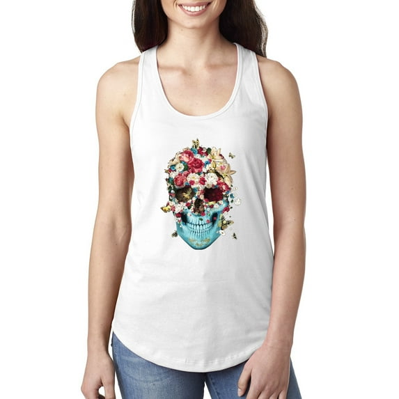Trippy Nature Insects Dandellion Skull Fashion Ladies Racerback Tank Top, White, Small