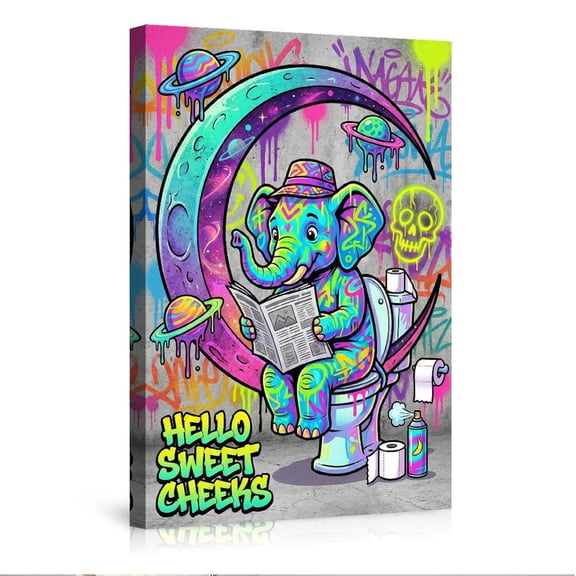 Trippy Neon Elephant On Toilet Hello Sweet Cheeks Bold Modern For Bathroom Home Canvas