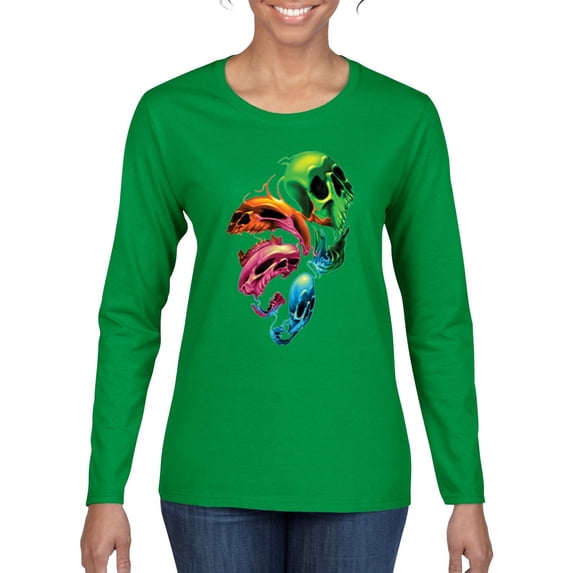Trippy Neon Melting Skulls Womens Graphic Long Sleeve T-Shirt, Kelly, 2XL