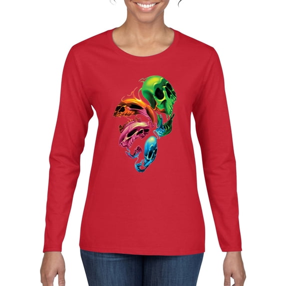 Trippy Neon Melting Skulls Womens Graphic Long Sleeve T-Shirt, Red, 2XL