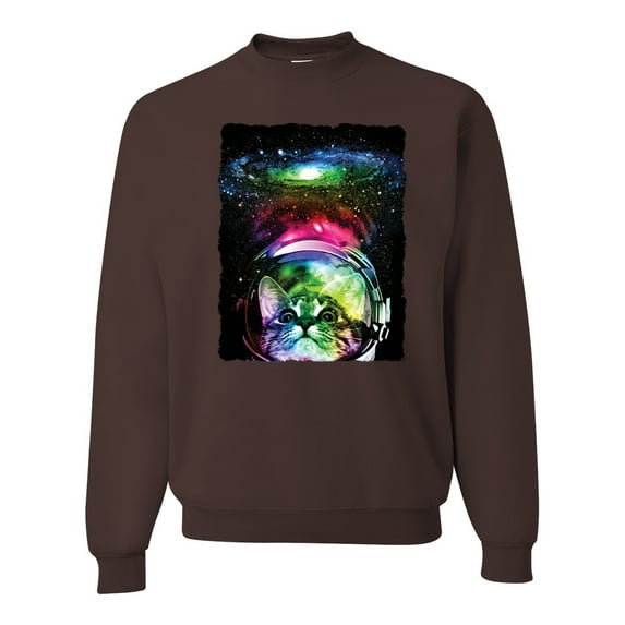 Trippy Neon Space Astronaut Lunar Cat | Mens Cat Lover Crewneck Graphic Sweatshirt, Brown, X-Large