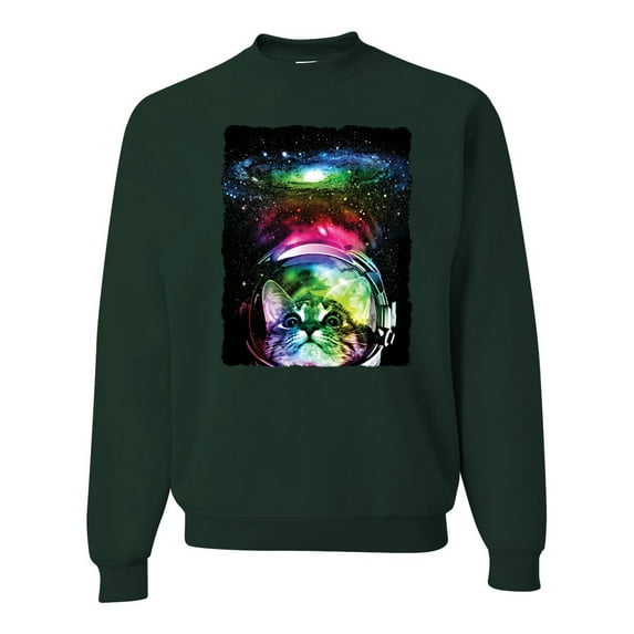 Trippy Neon Space Astronaut Lunar Cat | Mens Cat Lover Crewneck Graphic Sweatshirt, Forest Green, 2XL
