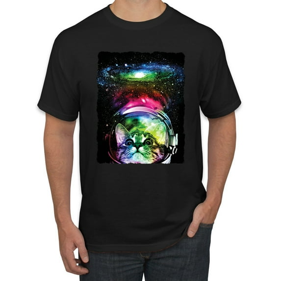Trippy Neon Space Astronaut Lunar Cat | Mens Cat Lover Graphic T-Shirt, Black, 4XL