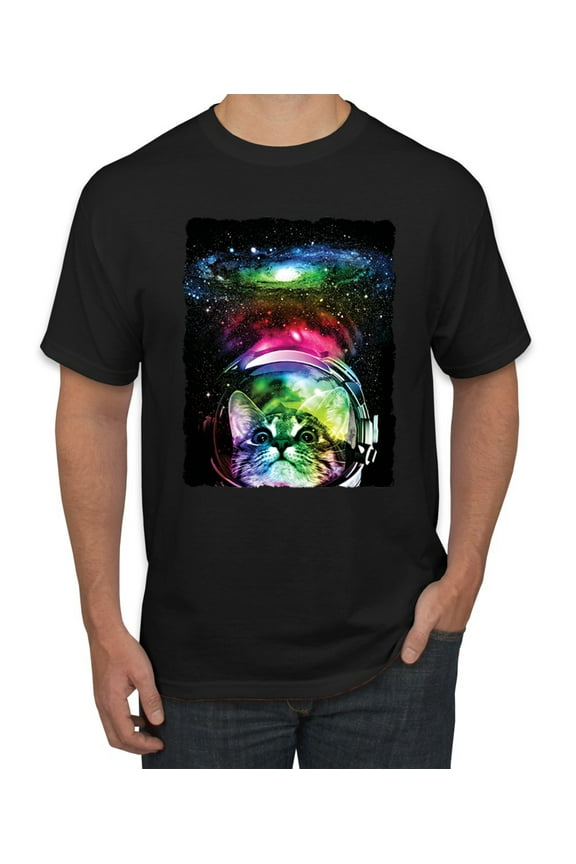 Trippy Neon Space Astronaut Lunar Cat | Mens Cat Lover Graphic T-Shirt, Black, Small