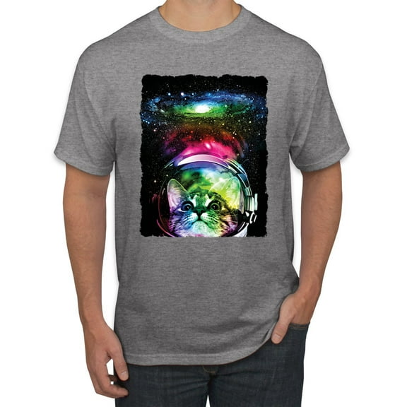Trippy Neon Space Astronaut Lunar Cat | Mens Cat Lover Graphic T-Shirt, Heather Grey, Small