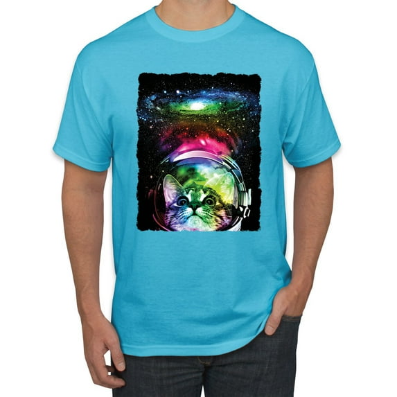 Trippy Neon Space Astronaut Lunar Cat | Mens Cat Lover Graphic T-Shirt, Light Turquoise, Large