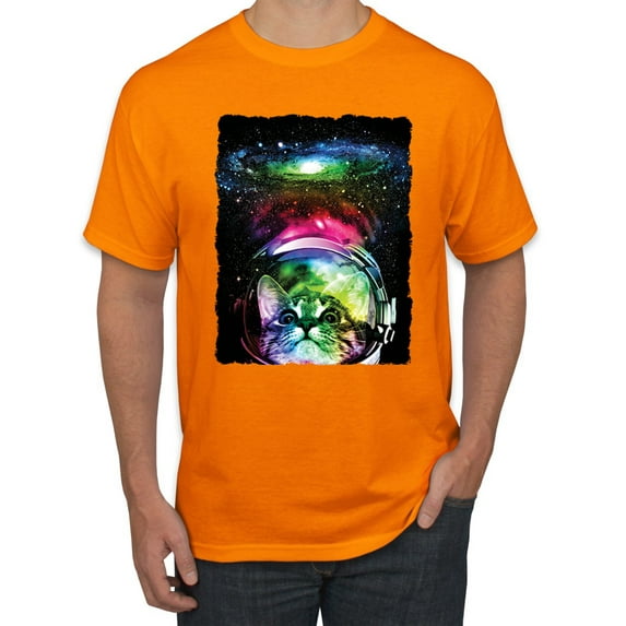 Trippy Neon Space Astronaut Lunar Cat | Mens Cat Lover Graphic T-Shirt, Orange, 2XL