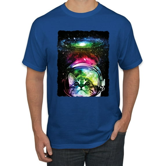 Trippy Neon Space Astronaut Lunar Cat | Mens Cat Lover Graphic T-Shirt, Royal, Medium