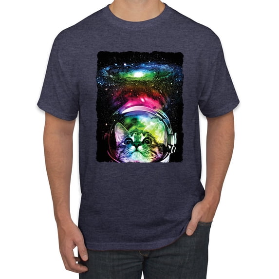 Trippy Neon Space Astronaut Lunar Cat | Mens Cat Lover Graphic T-Shirt, Vintage Heather Navy, Medium