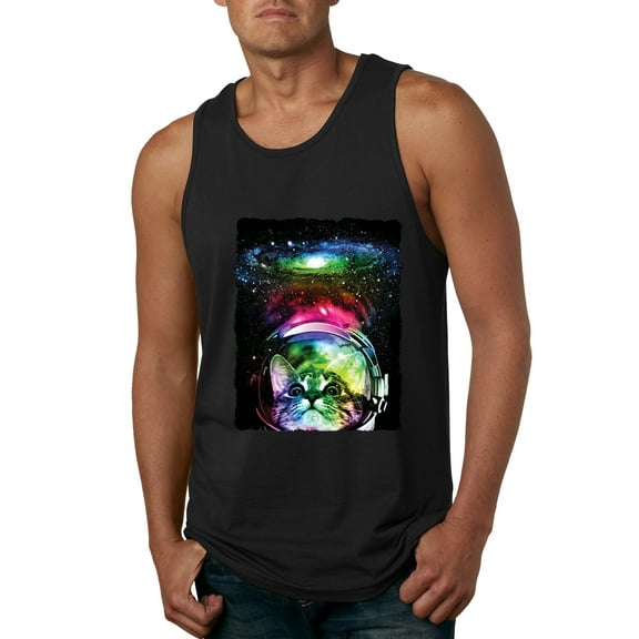 Trippy Neon Space Astronaut Lunar Cat | Mens Cat Lover Graphic Tank Top, Black, X-Large