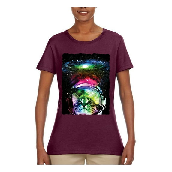 Trippy Neon Space Astronaut Lunar Cat | Womens Cat Lover Graphic T-Shirt, Maroon, 2XL