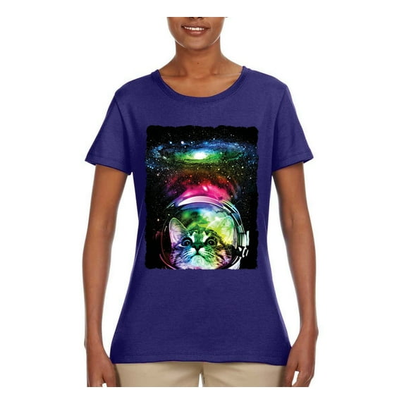 Trippy Neon Space Astronaut Lunar Cat | Womens Cat Lover Graphic T-Shirt, Purple, 2XL