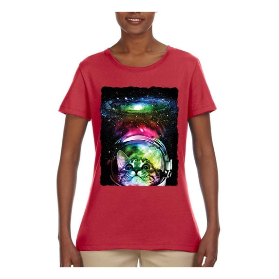 Trippy Neon Space Astronaut Lunar Cat | Womens Cat Lover Graphic T-Shirt, Red, Small