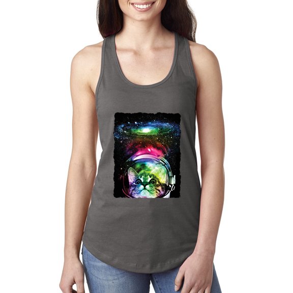 Trippy Neon Space Astronaut Lunar Cat | Womens Cat Lover Jersey Racerback Tank Top, Dark Grey, X-Large