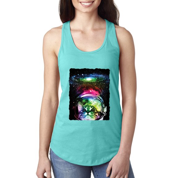Trippy Neon Space Astronaut Lunar Cat | Womens Cat Lover Jersey Racerback Tank Top, Tahiti Blue, X-Large