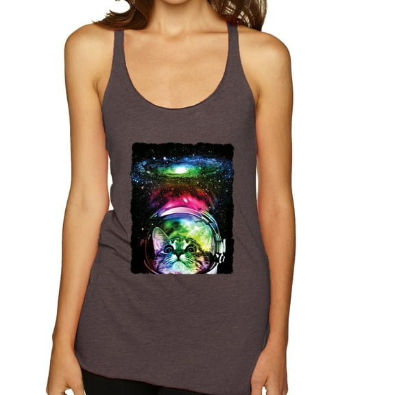 Trippy Neon Space Astronaut Lunar Cat | Womens Cat Lover Premium Tri-Blend Racerback Tank Top, Brown, X-Large
