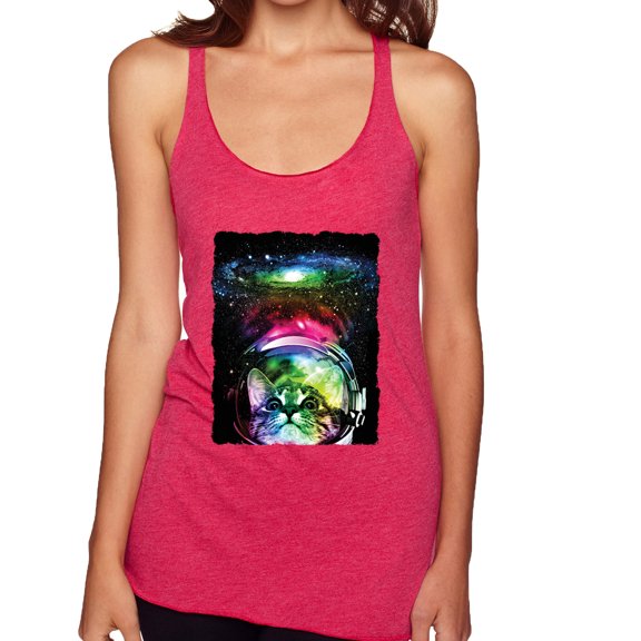 Trippy Neon Space Astronaut Lunar Cat | Womens Cat Lover Premium Tri-Blend Racerback Tank Top, Shocking Pink, Large