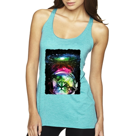 Trippy Neon Space Astronaut Lunar Cat | Womens Cat Lover Premium Tri-Blend Racerback Tank Top, Tahiti Blue, Large