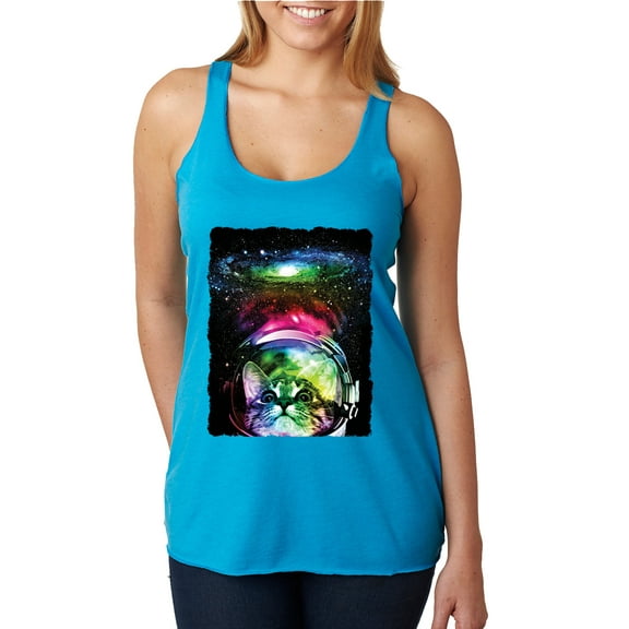 Trippy Neon Space Astronaut Lunar Cat | Womens Cat Lover Premium Tri-Blend Racerback Tank Top, Vintage Turquoise, Medium