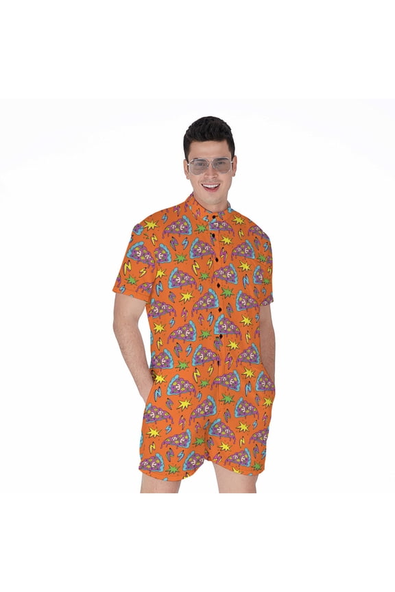 Trippy Pizza Pattern Short Sleeve Men'S Rompers, Food Lover Casual Summer Jumpsuits Outfit