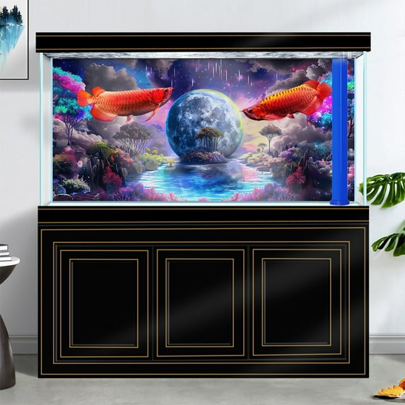 Trippy Planet Aquarium Background, Galaxy Space Tapestry Fantasy Forest Mountain Tank Decorations Background, Aesthetic Floral Plant Art Terrarium Background with 8 EVA Double-Sided Tape