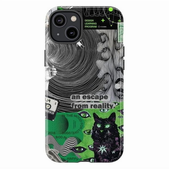 Trippy Psychedelic Cat Touch Phone Case for iPhone 16 15 14 13 12 11 Pro Plus Mini, 'Escape from Reality' Green & Black Abstract Art, Dual Layer Protective Cover, Gift for Cat Lovers & Aesthetic Fans