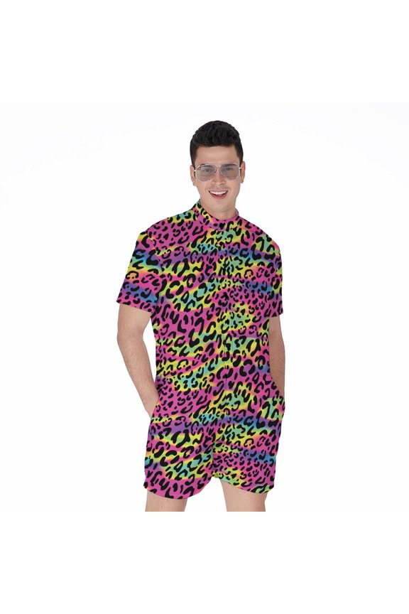 Trippy Psychedelic Leopard Short Sleeve Men'S Rompers, Psychedelic Casual Summer Jumpsuits Outfit