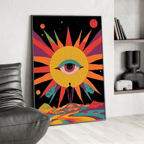 Trippy Psychedelic Sun Eye Surreal Colorful Witchy Minimalist Moebius Inspired Vector Art, Unframed Canvas