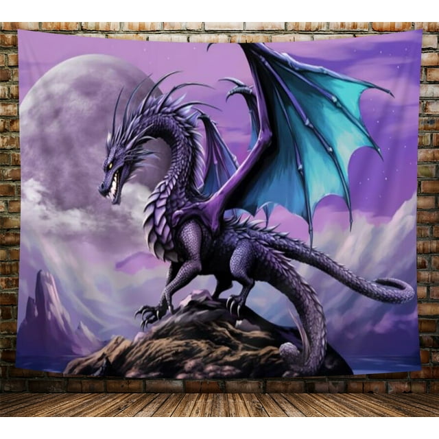 Trippy Purple Dragon Tapestry, Gothic Moon Anime Psychedelic Dragon on