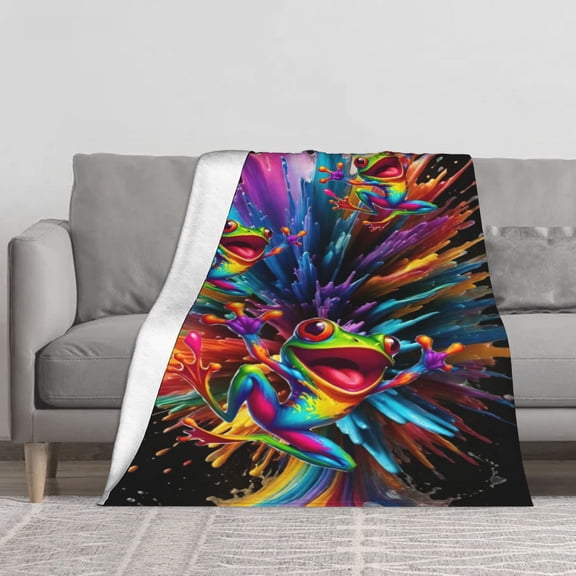 Trippy Rainbow Paint Splash Happy Colorful Frogs Flannel Throw Blanket, Bright Neon Psychedelic Frog Print Soft Cozy Lightweight Blanket for Sofa Bedroom Dorm, Fun Gift for Frog Lovers