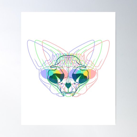 Trippy Rgb Sphynx Cat Skull - Multiplying Cat Heads - Dizzy Line Art - Colorful Poster Wall Art, Modern Wall Decor For Living Room Bedroom, 8x12 UNFRAMED