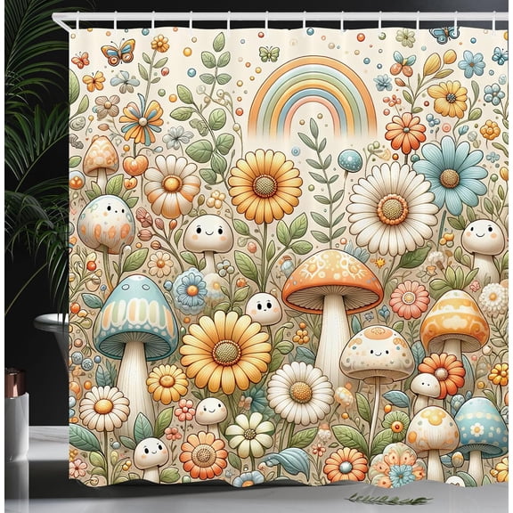Trippy Shower Curtain, Pastel Mushroom Garden Soft Psychedelic Floral Meadow Hippie Artwork, Cloth Fabric Bathroom Decor Set with Hooks, 69" W x 84" L, Orange Blue and Green