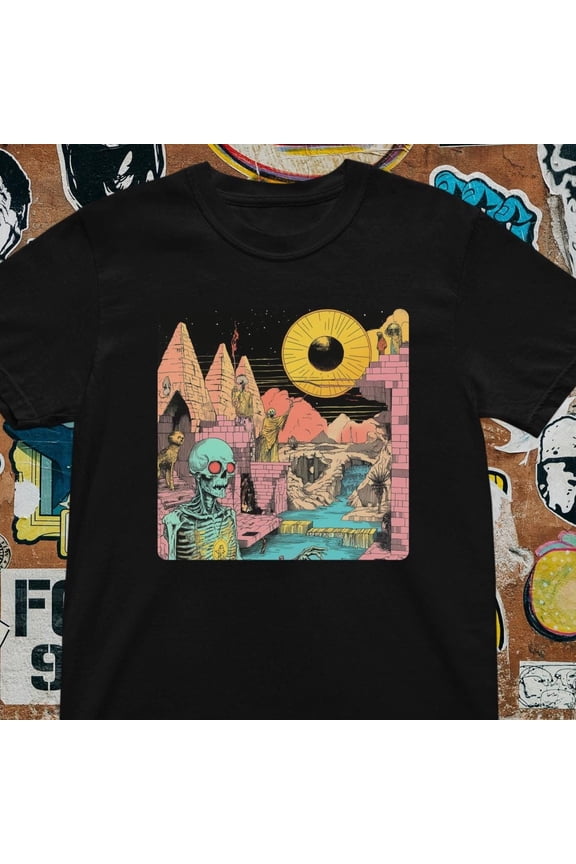 Trippy Skeleton Pyramid T-Shirt: Retro Psychedelic Vaporwave Tee