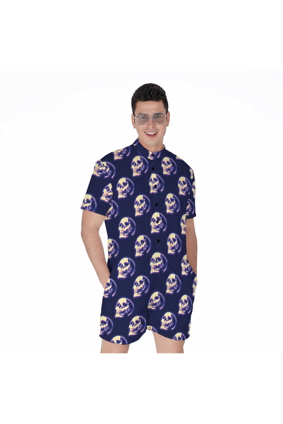 Trippy Skull Pattern Short Sleeve Men'S Rompers, Skull Lover Gifts Casual Summer Jumpsuits Outfit