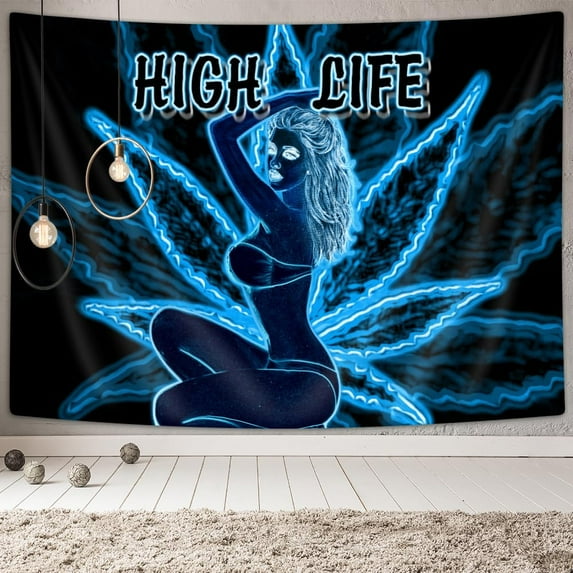 Trippy Small Tapestry, Psychedelic Tapestries for Bedroom Aesthetic, Hippie Blue Leaf Wall Hanging Tapestry Yoga Meditation Black Women Wall Tapestry for Bedroom, 90X70IN