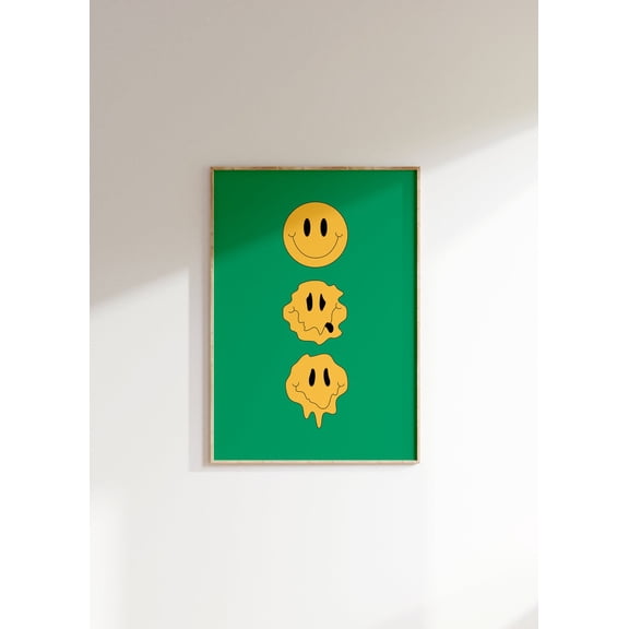 Trippy Smiley Face Yellow Melting Smileys Acid Funky Retro Green Aesthetic, Unframed Paper Poster 8x10in