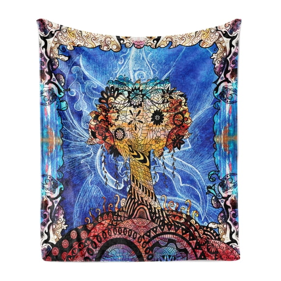 Trippy Soft Flannel Fleece Blanket, Indie Style Sketchy Retro Tree with Flower Forms on Paisley Backdrop Abstract Image, Cozy Plush for Indoor and Outdoor Use, 60" x 80", Blue Brown, by Ambesonne