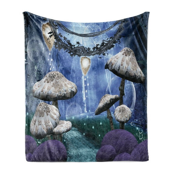Trippy Soft Flannel Fleece Throw Blanket, Abstract Dreamlike Forest Scenery at Night Mushrooms Pixie Dust and Bubbles, Cozy Plush for Indoor and Outdoor Use, 70" x 90", Multicolor, by Ambesonne