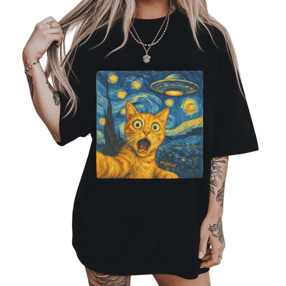 Trippy Space Surprised Alien Cat Art Print Tshirt Black S-5XL Graphic Tees Shirts Tops