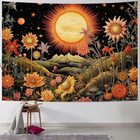 Trippy Sun Tapestry Vintage Aesthetic Flower Tapestry Hippie Boho Tapestry Floral Plant Wall Tapestry Mystic Starry Sky Tapestry Wall Hanging for Bedroom 40x30inch