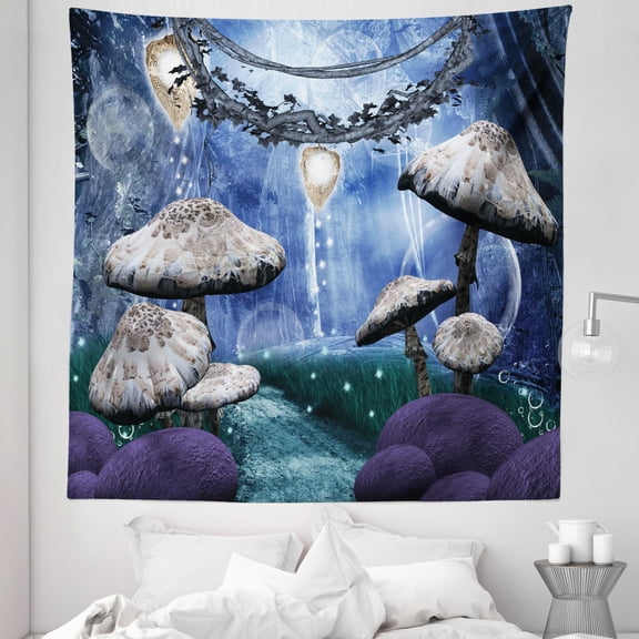 Trippy Tapestry, Abstract Dreamlike Forest Scenery at Night Mushrooms Pixie Dust and Bubbles, Fabric Wall Hanging Decor for Bedroom Living Room Dorm, 5 Sizes, Multicolor, by Ambesonne