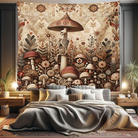 Trippy Tapestry King Size, Earth Tones Oriental Bohem Details Leafy Mushroom Scenery With Skeletons, Wall Hanging Bedspread Bed Cover Wall Decor, 104" X 88", Camel Umber Warm Taupe