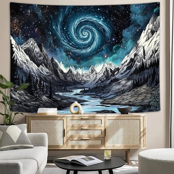 Trippy Tapestry for Men, Space Galaxy Tapestry Aesthetics Wall Hanging for Bedroom, White and Black Mountain Celestial Forest Tapestries Poster Blanket College Dorm Home Decor 40X30Inches